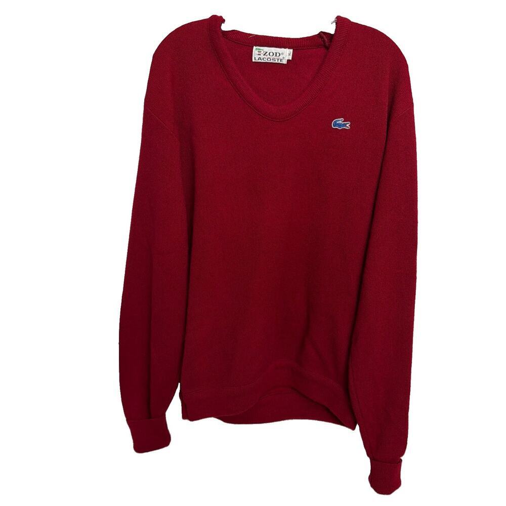 IZOD Lacoste Men's Maroon V Neck Knit Sweater Croc Logo Sz XL Vintage Acrylic